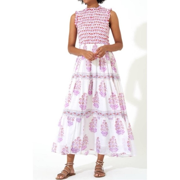 Oliphant Smocked Floral Maxi Cotton Dress Women’s - Size XSmall - Picture 1 of 15